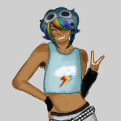 Size: 1000x1000 | Tagged: safe, artist:sunnymartinez, rainbow dash, human, g4, alternate hairstyle, armpit hair, belly button, belly piercing, belt, clothes, dark skin, eyebrow piercing, female, goggles, goggles on head, gray background, grin, humanized, lip piercing, midriff, pants, peace sign, piercing, scene, simple background, smiling, snake bites, solo, tank top