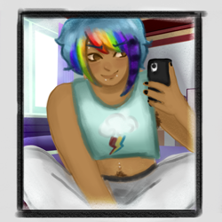 Size: 1000x1000 | Tagged: safe, artist:sunnymartinez, rainbow dash, human, g4, alternate hairstyle, belly button, belly piercing, cellphone, clothes, coontails, dark skin, eyebrow piercing, female, humanized, lip piercing, nail polish, pants, phone, piercing, selfie, smartphone, snake bites, solo, sweatpants, tank top