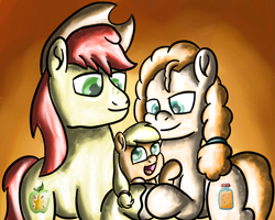 Size: 3000x2400 | Tagged: safe, artist:saburodaimando, applejack, bright mac, pear butter, earth pony, pony, g4, cowboy hat, family, father and child, father and daughter, female, filly, filly applejack, gradient background, hat, high res, hug, husband and wife, looking at someone, male, mare, mother and child, mother and daughter, open mouth, open smile, orange background, simple background, smiling, stallion, trio, younger