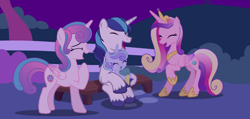 Size: 1454x690 | Tagged: safe, artist:princess--gracie, princess cadance, princess flurry heart, shining armor, oc, oc:crystal, alicorn, pony, unicorn, g4, baby, baby pony, base used, concave belly, eyes closed, father and child, father and daughter, female, filly, foal, food, husband and wife, ice cream, laughing, male, mare, mother and child, mother and daughter, offspring, older, older flurry heart, parent:princess cadance, parent:shining armor, parents:shiningcadance, physique difference, ponies sitting like humans, raised hoof, ship:shiningcadance, shipping, slender, smiling, stallion, straight, thin