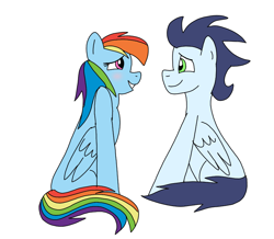 Size: 826x720 | Tagged: safe, artist:dasher666, artist:pinkiewhite555, edit, rainbow dash, soarin', pegasus, pony, g4, :d, blushing, duo, female, folded wings, looking at each other, looking at someone, male, mare, open mouth, open smile, ship:soarindash, shipping, simple background, sitting, smiling, smiling at each other, stallion, straight, white background, wings