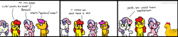 Size: 1591x334 | Tagged: safe, artist:leopardsnaps, apple bloom, diamond tiara, scootaloo, sweetie belle, bird, chicken, dog, earth pony, pegasus, pony, unicorn, g4, comic, comic strip, cutie mark crusaders, dialogue, female, filly, foal, funny, meme, puppy, scootachicken, simple background, swearing, text, white background