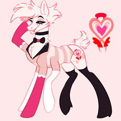 Size: 750x750 | Tagged: safe, artist:dragonlight1809, arachnid, demon, demon pony, monster pony, original species, pony, spider, spiderpony, undead, angel dust (hazbin hotel), black sclera, boots, bowtie, chest fluff, choker, clothes, cutie mark, ear fluff, eyebrows, fangs, femboy, gloves, gold tooth, hazbin hotel, heart, hellaverse, long gloves, looking at you, male, multiple legs, multiple limbs, one eye closed, pink, pink background, ponified, raised hoof, raised leg, shoes, simple background, sinner demon, six legs, six-legged pony, snaggletooth, solo, spider demon, spiderpony demon, stallion, suit, thigh boots, wink, winking at you