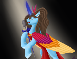 Size: 3000x2300 | Tagged: safe, artist:valdemar, oc, oc only, oc:yulianna remedy, alicorn, pony, alicorn oc, clothes, colored wings, dress, eyes closed, female, high ponytail, horn, jewelry, magic, mare, microphone, microphone stand, multicolored wings, open mouth, ponytail, singing, solo, spotlight, wings