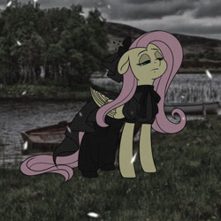 Size: 1280x1280 | Tagged: safe, artist:breezy-bloom, fluttershy, pegasus, pony, g4, black dress, clothes, dress, female, floppy ears, grainy, lidded eyes, mare, real life background, solo