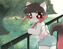 Size: 2700x2094 | Tagged: safe, artist:arwencuack, oc, oc only, oc:arwencuack, pegasus, pony, anthro, blushing, heart, heart eyes, leaning on railings, leaves, railing, solo, tree, water, wingding eyes