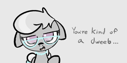 Size: 1020x507 | Tagged: safe, artist:castafae, silver spoon, earth pony, pony, g4, dialogue, dweeb, female, filly, floppy ears, foal, glasses, gray background, jewelry, looking at you, necklace, pearl necklace, simple background, solo