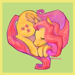 Size: 2048x2048 | Tagged: safe, artist:chaldkicker, fluttershy, pegasus, pony, g4, cute, eyes closed, green background, heart shaped, lying down, prone, shyabetes, signature, simple background, sleeping, solo