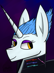 Size: 1248x1680 | Tagged: safe, artist:hno3, oc, unicorn, equestria at war mod, equestria rises still (equestria at war submod), blue mane, bust, clothes, female, gradient background, horn, mare, orange eyes, portrait, solo, unicorn oc