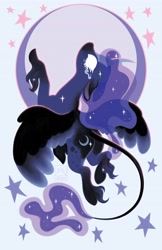 Size: 2650x4096 | Tagged: safe, artist:bluefeathercat, princess luna, alicorn, pony, g4, blank eyes, butt, crying, leonine tail, light blue background, long feather, moonbutt, plot, simple background, solo, tail