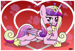 Size: 2087x1430 | Tagged: safe, artist:banquo0, princess cadance, alicorn, g4, female, flower, flower in mouth, folded wings, jewelry, lidded eyes, looking at you, lying down, mouth hold, regalia, rose, rose in mouth, smiling, smiling at you, solo, wings