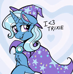 Size: 1066x1078 | Tagged: safe, artist:neongin, derpibooru exclusive, trixie, pony, unicorn, g4, adorable face, best pony, cape, chest fluff, clothes, cute, female, hat, heart, looking at you, love, mare, smiling, solo, trixie's cape, trixie's hat