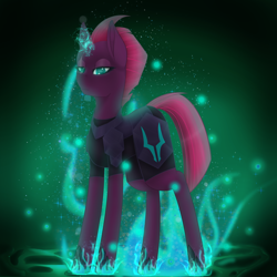 Size: 2390x2390 | Tagged: safe, artist:acidthead, tempest shadow, pony, unicorn, g4, armor, eye scar, facial scar, female, glowing, glowing horn, high res, hoof shoes, horn, looking at you, magic, mare, scar, solo