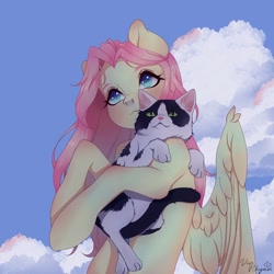 Size: 1100x1100 | Tagged: safe, artist:vivinhyan, fluttershy, cat, pegasus, pony, g4, female, holding a cat, hug, looking up, mare, shoulder blush, sky background, solo