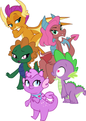 Size: 1605x2252 | Tagged: safe, artist:candy meow, artist:catachromatic, artist:mellowhen, artist:memnoch, derpibooru exclusive, edit, idw, vector edit, mina, princess thunder guts, smolder, spike, oc, oc:emziko, dragon, a matter of principals, equestria girls, equestria girls series, g4, lost and pound, spoiler:comic, spoiler:comicff14, spoiler:eqg series (season 2), bandana, bedroom eyes, butt, canon x oc, claws, comic book, dragon oc, dragon wings, dragoness, dragonified, eyes open, fangs, female, female oc, fivesome, harem, heart, heart eyes, horns, idw showified, lidded eyes, looking back, male, non-pony oc, open mouth, out of context, raised leg, ship:spolder, shipping, simple background, smiling, smirk, smolderriere, smug, species swap, spiko, spina, spunder, straight, transparent background, vector, wingding eyes, wings
