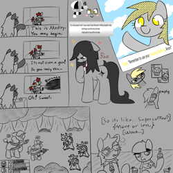 Size: 1020x1020 | Tagged: safe, artist:castafae, derpy hooves, oc, oc:ardent glyph, oc:checkers, oc:faint rune, oc:mossy knoll, earth pony, pegasus, pony, unicorn, g4, blushing, dialogue, drunk, drunk bubbles, female, gray background, laser gun, lidded eyes, mare, numget, rpg, simple background, sketch, sketch dump, text