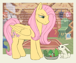 Size: 6000x5000 | Tagged: safe, artist:sheepchops, angel bunny, fluttershy, pegasus, pony, rabbit, g4, putting your hoof down, absurd resolution, animal, duo, duo male and female, female, fluttershy's cottage, food, herbivore, looking at each other, looking at someone, male, mare, salad, text