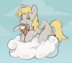Size: 1415x1239 | Tagged: safe, artist:cupidcry, derpy hooves, pegasus, pony, g4, cloud, eyebrows, eyebrows visible through hair, eyes closed, female, food, ice cream, ice cream cone, licking, lying down, lying on a cloud, mare, on a cloud, prone, signature, sky, sky background, smiling, solo, tongue out, wings, wings down