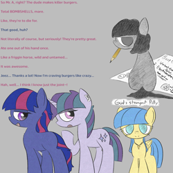 Size: 1020x1020 | Tagged: safe, artist:castafae, oc, oc only, oc:angel cake, oc:constellation cradle, oc:tinny, oc:twilit starsky, earth pony, pegasus, pony, unicorn, blank flank, bootleg, cross, cross necklace, dialogue, female, filly, foal, gray background, jewelry, lidded eyes, looking at you, looking back, looking back at you, mare, necklace, pencil in mouth, simple background, sitting, text