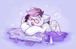 Size: 4096x2643 | Tagged: safe, artist:amishy, oc, oc only, alicorn, pegasus, pony, bag, book, commission, eraser, eyes closed, female, glasses, mare, open mouth, pencil, ruler, school bag, sleeping, solo, teary eyes, ych result
