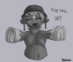 Size: 2869x2460 | Tagged: safe, artist:reddthebat, earth pony, pony, belly, belly button, bronybait, cute, eyebrows, eyebrows visible through hair, eyes closed, frog (hoof), gray background, grayscale, hoofbutt, incoming hug, korean, monochrome, open mouth, open smile, ponified, sergeant reckless, signature, simple background, smiling, solo, underhoof