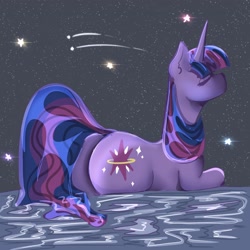 Size: 2048x2048 | Tagged: safe, artist:selkie, twilight sparkle, pony, unicorn, g4, alternate cutie mark, butt, dock, eyes closed, female, large butt, mare, partially submerged, plot, shooting star, solo, stars, tail, twibutt, unicorn twilight, wet, wet mane, wet tail
