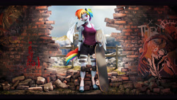 Size: 9600x5400 | Tagged: safe, artist:imafutureguitarhero, rainbow dash, pegasus, anthro, unguligrade anthro, g4, 3d, absurd file size, absurd resolution, alternate hairstyle, arm fluff, bandage, bandaid, bandaid on nose, bandana, belt, black bars, brick wall, bricks, cheek fluff, chest fluff, chromatic aberration, clothes, colored eyebrows, colored eyelashes, colored wings, ear fluff, elbow pads, faic, female, fence, film grain, fingerless gloves, fishnet clothing, floppy ears, fluffy, fur, gloves, graffiti, grass, headband, hoof fluff, knee pads, leg band, leg fluff, leg wraps, letterboxing, looking at you, mare, mountain, multicolored hair, multicolored mane, multicolored tail, neck fluff, one ear down, outdoors, paintover, pants, partially open wings, ponytail, shoulder fluff, signature, skateboard, sky, smiling, smiling at you, smug, smugdash, solo, source filmmaker, tail, tank top, two toned wings, unshorn fetlocks, wall of tags, windswept tail, wings