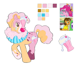 Size: 7000x6000 | Tagged: safe, artist:sheepchops, cheese sandwich, pinkie pie, oc, oc:ruffled milk pie, earth pony, pony, g4, absurd resolution, clown, clown nose, coat markings, color palette, drink, female, male, mare, milkshake, multicolored mane, multicolored tail, offspring, parent:cheese sandwich, parent:pinkie pie, parents:cheesepie, raised hoof, red nose, reference sheet, ruff (clothing), screencap reference, ship:cheesepie, shipping, simple background, smiling, spots, stallion, standing, straight, tail, transparent background