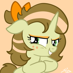 Size: 2048x2048 | Tagged: safe, artist:duckyia, oc, pony, unicorn, bow, brown mane, female, freckles, green eyes, hair bow, looking at you, mare, pigtails, plotting, rubbing hooves, smiling, smiling at you, smirk, solo