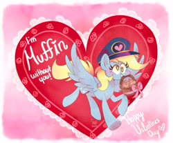 Size: 2048x1699 | Tagged: safe, artist:squididdlee, derpy hooves, pegasus, pony, g4, basket, blushing, cute, derpabetes, female, food, holding, holiday, mailmare, mare, mouth hold, muffin, pun, smiling, solo, spread wings, valentine, valentine's day, wings
