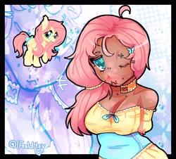 Size: 2632x2384 | Tagged: safe, artist:ifeelditzy, fluttershy, human, pegasus, pony, g4, arm behind back, bow, breasts, busty fluttershy, choker, cleavage, eyebrow piercing, female, freckles, humanized, lip piercing, mare, moderate dark skin, one eye closed, piercing, signature, snake bites, solo, tail, tail bow