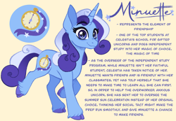 Size: 2548x1765 | Tagged: safe, artist:carouselunique, minuette, pony, unicorn, g4, alternate cutie mark, alternate design, alternate hairstyle, alternate universe, character swap, cloven hooves, colored hooves, female, fetlock tuft, horn, mare, reference sheet, side stars au, simple background, smiling, solo, text, trotting, unshorn fetlocks, yellow background