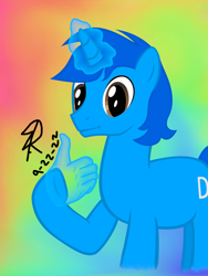Size: 1296x1728 | Tagged: safe, artist:iamaveryrealperson, oc, oc only, oc:"d", pony, unicorn, 2022, abstract background, aura, blue mane, blue pony, date (time), gradient background, hand, incomplete, looking at someone, looking at something, looking at you, magic, magic aura, magic hands, male, rainbow background, raised hoof, signature, smiling, stallion, thumbs up, tie dye