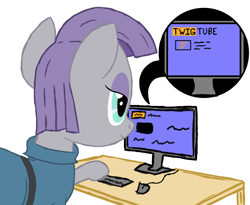 Size: 1500x1232 | Tagged: safe, artist:scootaloormayfly, maud pie, earth pony, pony, g4, clothes, computer, dress, pornhub, simple background, smiling, solo, twig, white background