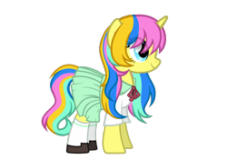 Size: 2000x1406 | Tagged: safe, artist:pinkiemina_憑酱, oc, oc only, oc:lemon, pony, unicorn, bowtie, chinese, clothes, happy, new hairstyle, shoes, simple background, socks, solo, transparent background, uniform