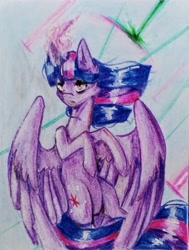 Size: 3001x3978 | Tagged: safe, artist:aakariu, screencap, twilight sparkle, alicorn, pony, g4, angry, attack, flying, magic, simple background, sky, traditional art, wings