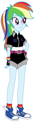 Size: 1024x3516 | Tagged: safe, color edit, edit, editor:red baron, rainbow dash, equestria girls, g4, belt, blue skin, clothes, colored, converse, female, older, older rainbow dash, shoes, shorts, simple background, smiling, solo, thighs, tomboy, transparent background, university