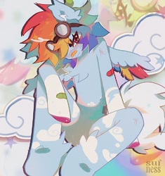 Size: 1148x1220 | Tagged: safe, artist:sufness, rainbow dash, pegasus, semi-anthro, g4, alternate design, bandage, bandaid, bandaid on nose, chest fluff, cloud, colored wings, colored wingtips, female, goggles, goggles on head, mare, sitting, solo, wings