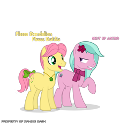 Size: 3600x3600 | Tagged: safe, artist:ramixe dash, dahlia, posey bloom, earth pony, pony, series:make your tale, g4, g5, angry face, bow, dandelion leaves, duo, g5 to g4, generation leap, male, peony blossom, rule 63, simple background, stallion, subtitles, tail, tail bow, transparent background