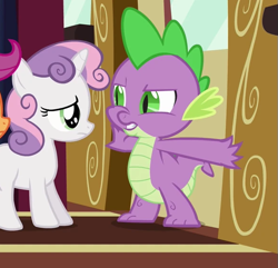 Size: 583x563 | Tagged: safe, screencap, scootaloo, spike, sweetie belle, dragon, pegasus, pony, unicorn, g4, just for sidekicks, blocking, cropped, duo focus, female, filly, foal, friendship express, locomotive, male, offscreen character, steam locomotive, train