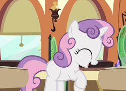 Size: 782x563 | Tagged: safe, screencap, sweetie belle, unicorn, g4, just for sidekicks, cropped, cute, diasweetes, friendship express, locomotive, solo, squeaky belle, steam locomotive, train