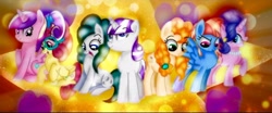 Size: 752x313 | Tagged: safe, artist:doraeartdreams-aspy, cloudy quartz, cookie crumbles, pear butter, posey shy, princess cadance, twilight velvet, windy whistles, alicorn, earth pony, pegasus, pony, unicorn, g4, base used, female, glasses, group, mare, mom six, needs more jpeg, septet, smiling, when she smiles