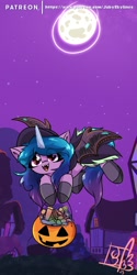 Size: 2000x4000 | Tagged: safe, artist:jubyskylines, izzy moonbow, pony, unicorn, g5, candy, clothes, costume, eye clipping through hair, female, food, mare, moon, nightmare night, nightmare night costume, pumpkin bucket, solo