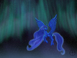 Size: 1000x750 | Tagged: safe, artist:adalbertus, princess luna, alicorn, pony, g4, aurora borealis, female, flying, mare, solo, stars