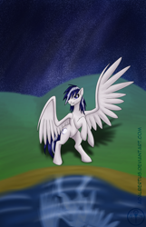 Size: 900x1400 | Tagged: safe, artist:adalbertus, oc, oc only, oc:moonlight flare, pegasus, pony, grin, night, rearing, reflection, smiling, solo, spread wings, wings