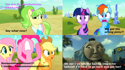 Size: 2000x1126 | Tagged: safe, edit, edited screencap, screencap, applejack, chickadee, fluttershy, ms. peachbottom, pinkie pie, rainbow dash, twilight sparkle, earth pony, pegasus, pony, unicorn, g4, games ponies play, caption, crossover, gordon the big engine, image macro, lines, locomotive, quote, realization, reference, reference to another series, reference used, steam engine, steam locomotive, steam train, text, thomas and friends, thomas the tank engine, train, unicorn twilight