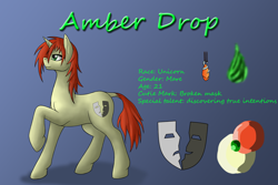 Size: 1200x800 | Tagged: safe, artist:adalbertus, oc, oc only, oc:amber drop, pony, unicorn, bio in description, female, horn, mare, reference sheet, solo, unicorn oc