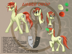 Size: 1600x1200 | Tagged: safe, artist:adalbertus, oc, oc only, oc:amber drop, pony, unicorn, female, horn, mare, reference sheet, solo, unicorn oc