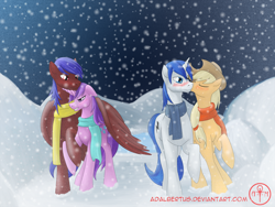 Size: 1600x1200 | Tagged: safe, artist:adalbertus, amethyst star, applejack, sparkler, oc, oc:brainstorm, earth pony, pegasus, pony, unicorn, g4, blushing, canon x oc, clothes, kissing, scarf, snow, snowfall