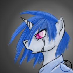 Size: 800x800 | Tagged: safe, artist:adalbertus, dj pon-3, vinyl scratch, pony, unicorn, g4, bust, clothes, fanfic art, female, mare, open mouth, portrait, profile, scar, solo